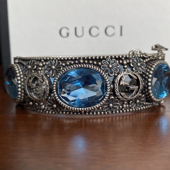Gucci Jewelry Gucci Sterling Silver Gg Large Blue Stone Bangle